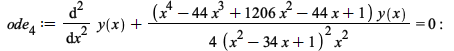 ode__4 := `+`(diff(y(x), x, x), `/`(`*`(`/`(1, 4), `*`(`+`(`*`(`^`(x, 4)), `-`(`*`(44, `*`(`^`(x, 3)))), `*`(1206, `*`(`^`(x, 2))), `-`(`*`(44, `*`(x))), 1), `*`(y(x)))), `*`(`^`(`+`(`*`(`^`(x, 2)), `...