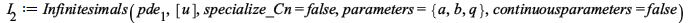 I__2 := Infinitesimals(pde__1, [u], specialize_Cn = false, parameters = {a, b, q}, continuousparameters = false); 