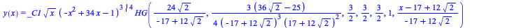 y(x) = `+`(`*`(_C1, `*`(`^`(x, `/`(1, 2)), `*`(`^`(`+`(`-`(`*`(`^`(x, 2))), `*`(34, `*`(x)), `-`(1)), `/`(3, 4)), `*`(HeunG(`+`(`/`(`*`(24, `*`(`^`(2, `/`(1, 2)))), `*`(`+`(`-`(17), `*`(12, `*`(`^`(2,...