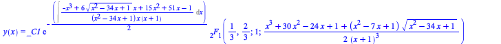 Typesetting:-mprintslash([y(x) = `+`(`*`(_C1, `*`(exp(`+`(`-`(`*`(`/`(1, 2), `*`(Int(`/`(`*`(`+`(`-`(`*`(`^`(x, 3))), `*`(6, `*`(`^`(`+`(`*`(`^`(x, 2)), `-`(`*`(34, `*`(x))), 1), `/`(1, 2)), `*`(x))),...