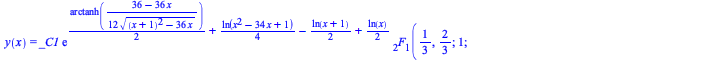 y(x) = `+`(`*`(_C1, `*`(exp(`+`(`*`(`/`(1, 2), `*`(arctanh(`+`(`/`(`*`(`/`(1, 12), `*`(`+`(36, `-`(`*`(36, `*`(x)))))), `*`(`^`(`+`(`*`(`^`(`+`(x, 1), 2)), `-`(`*`(36, `*`(x)))), `/`(1, 2)))))))), `*`...