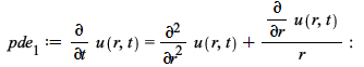 pde__1 := diff(u(r, t), t) = `+`(diff(u(r, t), r, r), `/`(`*`(diff(u(r, t), r)), `*`(r))); -1