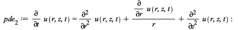 pde__2 := diff(u(r, z, t), t) = `+`(diff(u(r, z, t), r, r), `/`(`*`(diff(u(r, z, t), r)), `*`(r)), diff(u(r, z, t), z, z)); -1