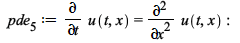 pde__5 := diff(u(t, x), t) = diff(u(t, x), x, x); -1