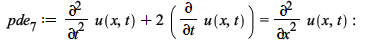 pde__7 := `+`(diff(u(x, t), t, t), `*`(2, `*`(diff(u(x, t), t)))) = diff(u(x, t), x, x); -1