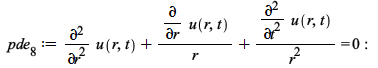 pde__8 := `+`(diff(u(r, t), r, r), `/`(`*`(diff(u(r, t), r)), `*`(r)), `/`(`*`(diff(u(r, t), t, t)), `*`(`^`(r, 2)))) = 0; -1