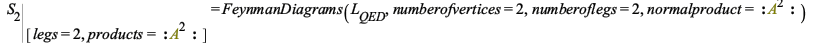 %eval(S[2], [`=`(legs, 2), `=`(products, _NP(A, A))]) = FeynmanDiagrams(L__QED, numberofvertices = 2, numberoflegs = 2, normalproduct = _NP(A, A)); 