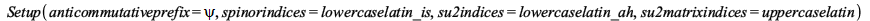 Setup(anticommutativeprefix = psi, spinorindices = lowercaselatin_is, su2indices = lowercaselatin_ah, su2matrixindices = uppercaselatin); 