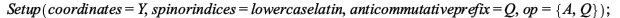 Setup(coordinates = Y, spinorindices = lowercaselatin, anticommutativeprefix = Q, op = {A, Q}); 1