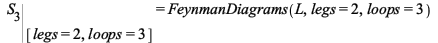 %eval(S[3], [`=`(legs, 2), `=`(loops, 3)]) = FeynmanDiagrams(L, legs = 2, loops = 3); 