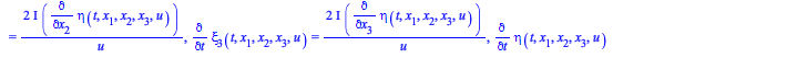 Typesetting:-mprintslash([R := `&where`([`+`(`*`(tau(t, x[1], x[2], x[3], u), `*`(Diff(``, t))), `*`(xi[1](t, x[1], x[2], x[3], u), `*`(Diff(``, x[1]))), `*`(xi[2](t, x[1], x[2], x[3], u), `*`(Diff(``...