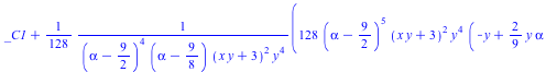 `+`(_C1, `/`(`*`(`/`(1, 128), `*`(`+`(`*`(128, `*`(`^`(`+`(alpha, `-`(`/`(9, 2))), 5), `*`(`^`(`+`(`*`(x, `*`(y)), 3), 2), `*`(`^`(y, 4), `*`(`^`(`+`(`-`(y), `*`(`/`(2, 9), `*`(y, `*`(alpha))), `-`(1)...