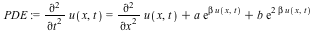 PDE := diff(u(x, t), t, t) = `+`(diff(u(x, t), x, x), `*`(a, `*`(exp(`*`(beta, `*`(u(x, t)))))), `*`(b, `*`(exp(`+`(`*`(2, `*`(beta, `*`(u(x, t)))))))))