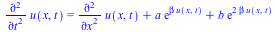 diff(diff(u(x, t), t), t) = `+`(diff(diff(u(x, t), x), x), `*`(a, `*`(exp(`*`(beta, `*`(u(x, t)))))), `*`(b, `*`(exp(`+`(`*`(2, `*`(beta, `*`(u(x, t)))))))))