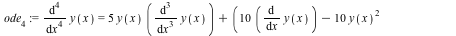 ode[4] := diff(y(x), x, x, x, x) = `+`(`*`(5, `*`(y(x), `*`(diff(y(x), x, x, x)))), `*`(`+`(`*`(10, `*`(diff(y(x), x))), `-`(`*`(10, `*`(`^`(y(x), 2)))), `-`(`/`(1, `*`(x)))), `*`(diff(y(x), x, x))), ...