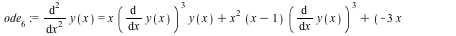 ode[6] := diff(y(x), x, x) = `+`(`*`(x, `*`(`^`(diff(y(x), x), 3), `*`(y(x)))), `*`(`^`(x, 2), `*`(`+`(x, `-`(1)), `*`(`^`(diff(y(x), x), 3)))), `*`(`+`(`-`(`*`(3, `*`(x))), 1), `*`(`^`(diff(y(x), x),...