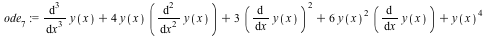 ode[7] := `+`(diff(y(x), x, x, x), `*`(4, `*`(y(x), `*`(diff(y(x), x, x)))), `*`(3, `*`(`^`(diff(y(x), x), 2))), `*`(6, `*`(`^`(y(x), 2), `*`(diff(y(x), x)))), `*`(`^`(y(x), 4))) = 0