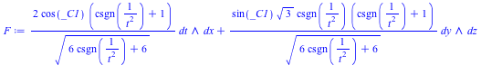 Typesetting:-mprintslash([F := `+`(`*`(`*`(`+`(`/`(`*`(2, `*`(cos(_C1), `*`(`+`(csgn(`/`(1, `*`(`^`(t, 2)))), 1)))), `*`(`^`(`+`(`*`(6, `*`(csgn(`/`(1, `*`(`^`(t, 2)))))), 6), `/`(1, 2))))), dt), `&bi...