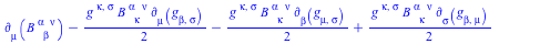 Typesetting:-mprintslash([`+`(Physics:-d_[mu](B[`~alpha`, beta, `~nu`], [X]), `-`(`*`(`/`(1, 2), `*`(Physics:-g_[`~kappa`, `~sigma`], `*`(B[`~alpha`, kappa, `~nu`], `*`(Physics:-d_[mu](Physics:-g_[bet...