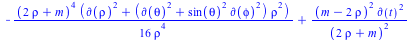 Typesetting:-mprintslash([`+`(`-`(`/`(`*`(`/`(1, 16), `*`(`^`(`+`(`*`(2, `*`(rho)), m), 4), `*`(`+`(`*`(`^`(Physics:-d_(rho), 2)), `*`(`+`(`*`(`^`(Physics:-d_(theta), 2)), `*`(`^`(sin(theta), 2), `*`(...