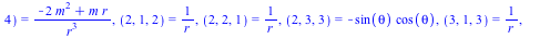 Physics:-Christoffel[`~mu`, alpha, beta] = {(1, 1, 1) = `/`(`*`(m), `*`(r, `*`(`+`(`-`(r), `*`(2, `*`(m)))))), (1, 2, 2) = `+`(`-`(r), `*`(2, `*`(m))), (1, 3, 3) = `*`(`+`(`-`(r), `*`(2, `*`(m))), `*`...