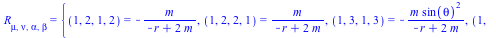 Physics:-Riemann[mu, nu, alpha, beta] = {(1, 2, 1, 2) = `+`(`-`(`/`(`*`(m), `*`(`+`(`-`(r), `*`(2, `*`(m))))))), (1, 2, 2, 1) = `/`(`*`(m), `*`(`+`(`-`(r), `*`(2, `*`(m))))), (1, 3, 1, 3) = `+`(`-`(`/...