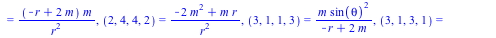 Physics:-Riemann[mu, nu, alpha, beta] = {(1, 2, 1, 2) = `+`(`-`(`/`(`*`(m), `*`(`+`(`-`(r), `*`(2, `*`(m))))))), (1, 2, 2, 1) = `/`(`*`(m), `*`(`+`(`-`(r), `*`(2, `*`(m))))), (1, 3, 1, 3) = `+`(`-`(`/...