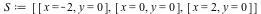 S := [[x = -2, y = 0], [x = 0, y = 0], [x = 2, y = 0]]