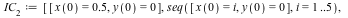 IC[2] := [[x(0) = .5, y(0) = 0], seq([x(0) = i, y(0) = 0], i = 1 .. 5), [x(0) = 0, y(0) = .5], seq([x(0) = 0, y(0) = i], i = 1 .. 5), [x(0) = 4.5, y(0) = 5], seq([x(0) = i, y(0) = 5], i = 1 .. 4), [x(...