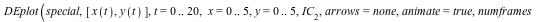 DEplot(special, [x(t), y(t)], t = 0 .. 20, x = 0 .. 5, y = 0 .. 5, IC[2], arrows = none, animate = true, numframes = 40, linecolor = sqrt(t))