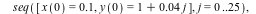 IC[3] := [seq([x(0) = .1, y(0) = `+`(`*`(0.4e-1, `*`(j)))], j = 0 .. 25), seq([x(0) = .1, y(0) = `+`(1, `*`(0.4e-1, `*`(j)))], j = 0 .. 25), seq([x(0) = .1, y(0) = `+`(4, `*`(.1, `*`(j)))], j = 0 .. 1...