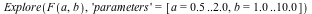 Explore(F(a, b), 'parameters' = [a = .5 .. 2.0, b = 1.0 .. 10.0])