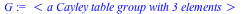 GroupTheory:-CayleyTableGroup(Array(1..3, 1..3, {(1, 1) = 1, (1, 2) = 2, (1, 3) = 3, (2, 1) = 2, (2, 2) = 3, (2, 3) = 1, (3, 1) = 3, (3, 2) = 1, (3, 3) = 2}, datatype = integer[4], order = C_order))