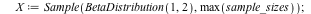 for k to 100 do X := Sample(BetaDistribution(1, 2), max(sample_sizes)); for i to nss do Y := X[1 .. sample_sizes[i]]; sort[inplace](Y, `>`); for j from 0 to 10 do Y[1 .. ceil(`+`(`*`(`/`(1, 20), `*`(j...