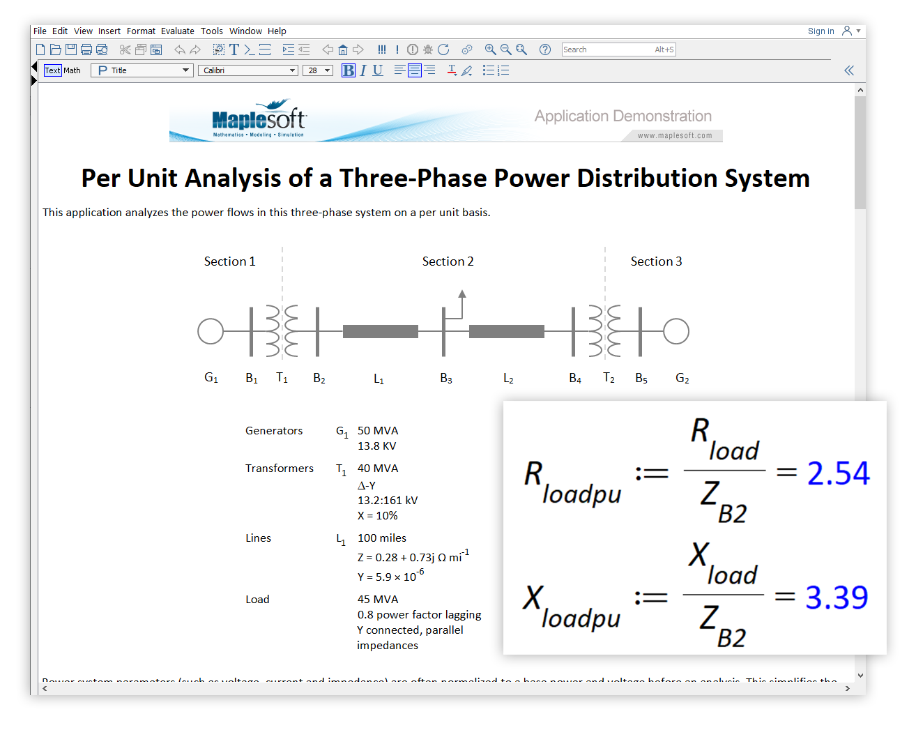 Per Unit Analysis of a Three-Phase Power Distribution System Example