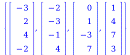 {rtable(1 .. 4, [-3, 2, 4, -2], subtype = Vector[column]), rtable(1 .. 4, [-2, -3, -1, 4], subtype = Vector[column]), rtable(1 .. 4, [0, 1, -3, 7], subtype = Vector[column]), rtable(1 .. 4, [1, 4, 7, ...