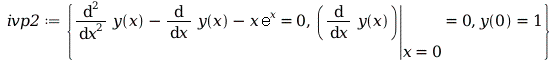 ivp2 := {`+`(diff(y(x), x, x), `-`(diff(y(x), x)), `-`(`*`(x, `*`(exp(x))))) = 0, eval(diff(y(x), x), x = 0) = 0, y(0) = 1}; 