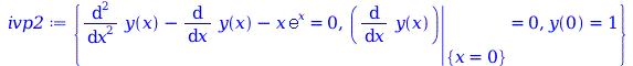 Typesetting:-mprintslash([ivp2 := {`+`(diff(y(x), `$`(x, 2)), `-`(diff(y(x), x)), `-`(`*`(x, `*`(exp(x))))) = 0, eval(diff(y(x), x), {x = 0}) = 0, y(0) = 1}], [{`+`(diff(diff(y(x), x), x), `-`(diff(y(...